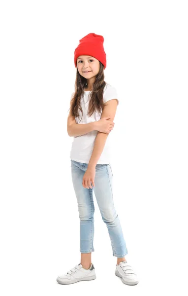 Stilvolles Mädchen in Jeans auf weißem Hintergrund — Stockfoto