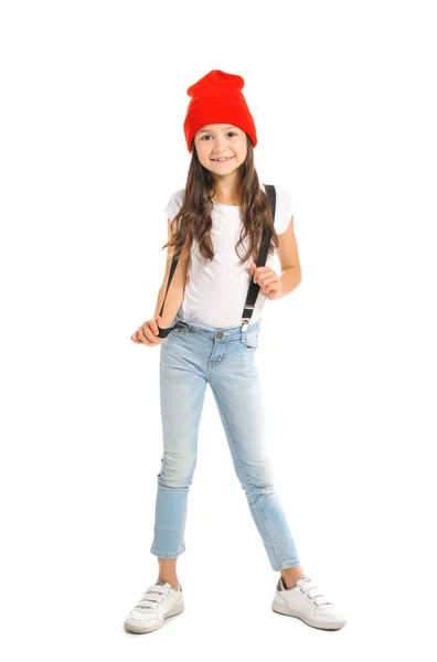 Stylish girl in jeans on white background — Stock Photo, Image