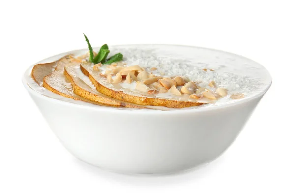 Bowl with tasty chia dessert on white background — Stock Photo, Image