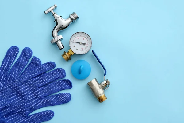 Set of plumbing items on color background — Stock Photo, Image