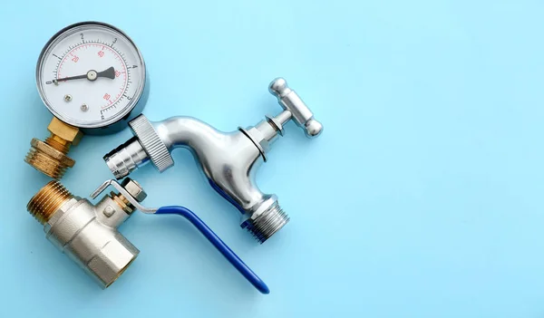 Set of plumbing items on color background — Stock Photo, Image