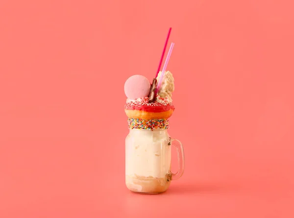 Delicious freak shake on color background — Stock Photo, Image