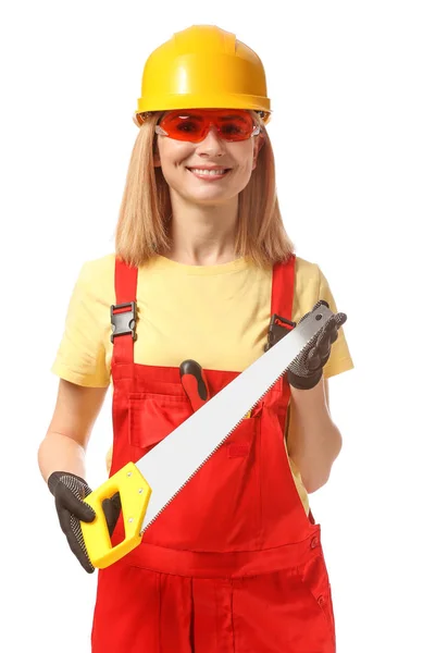 Female carpenter on white background — Stock Photo, Image