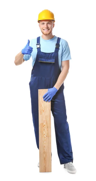 Male carpenter showing thumb-up gesture on white background — Stock Photo, Image