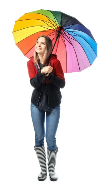 Mulher bonita com guarda-chuva no fundo branco — Fotografia de Stock