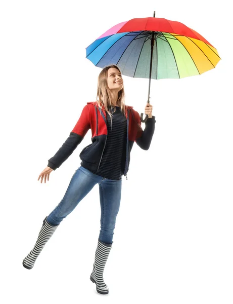 Beautiful young woman with umbrella on white background — Stock Photo, Image