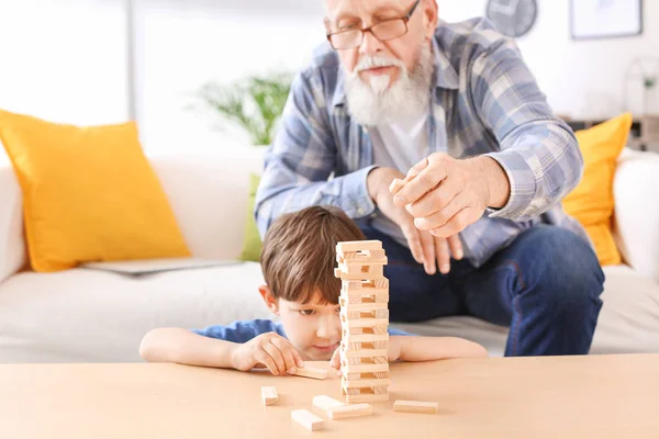 Schattige kleine jongen spelen met opa thuis — Stockfoto