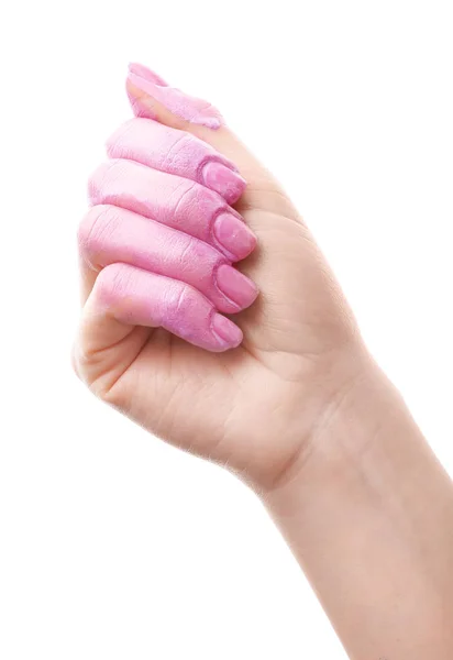 Vrouwelijke hand met verf op witte achtergrond — Stockfoto