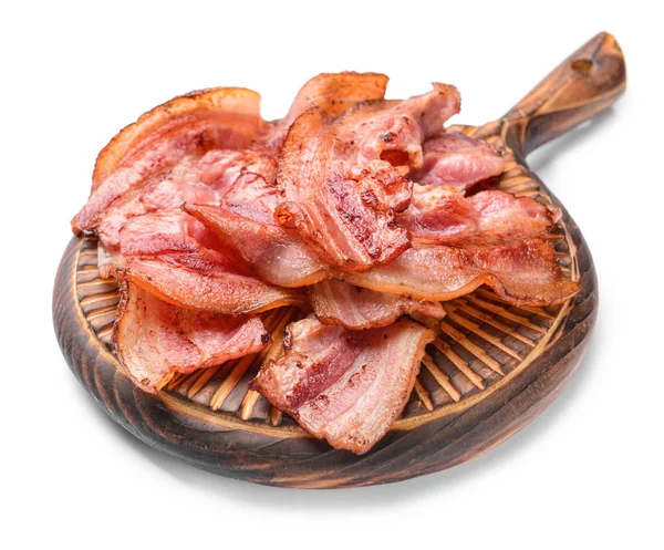 Plateau avec bacon frit sur fond blanc — Photo