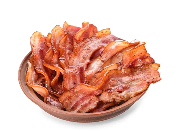 Tallrik med stekt bacon på vit bakgrund — Stockfoto
