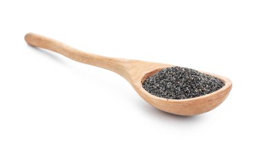 Beyaz arka planda haşhaş tohumlu kaşık