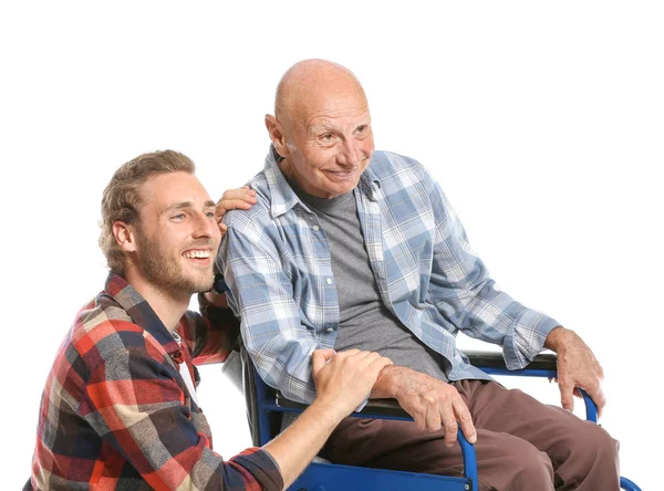 Uomo anziano con figlio su sfondo bianco — Foto Stock
