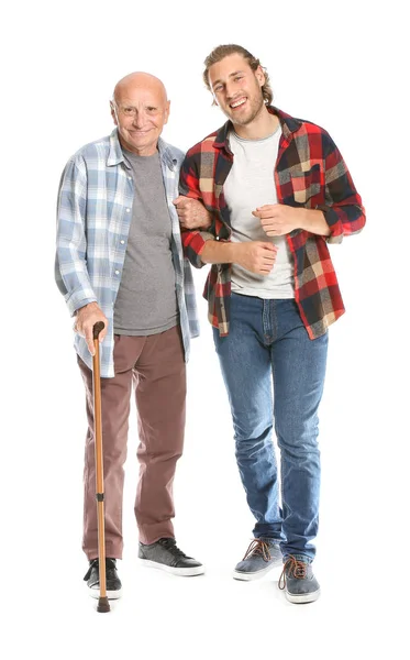 Пожилой человек с сыном на белом фоне — стоковое фото