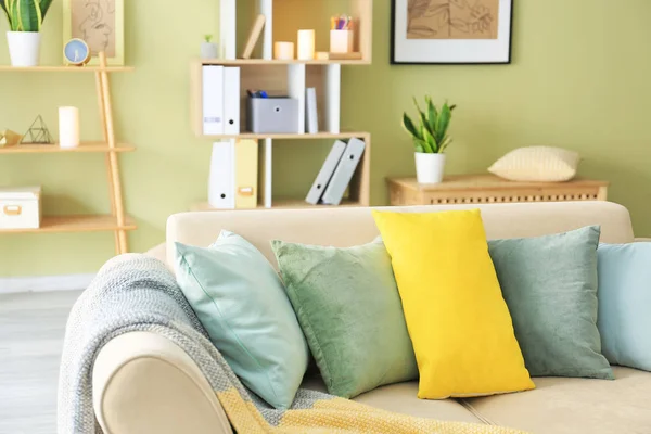 Interior of modern room with sofa and soft pillows — Stock Photo, Image