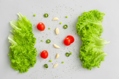 Gri arka planda taze sebze ve baharatlar