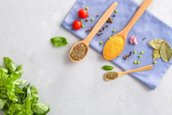 Spices with fresh basil on grey background — Stock Photo, Image