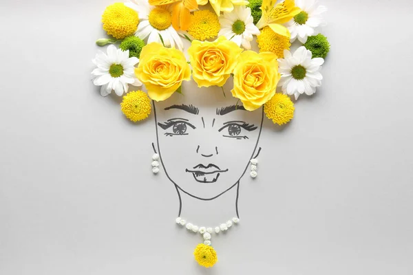 白い背景に描かれた女性の顔と花を持つ美しい構成 — ストック写真