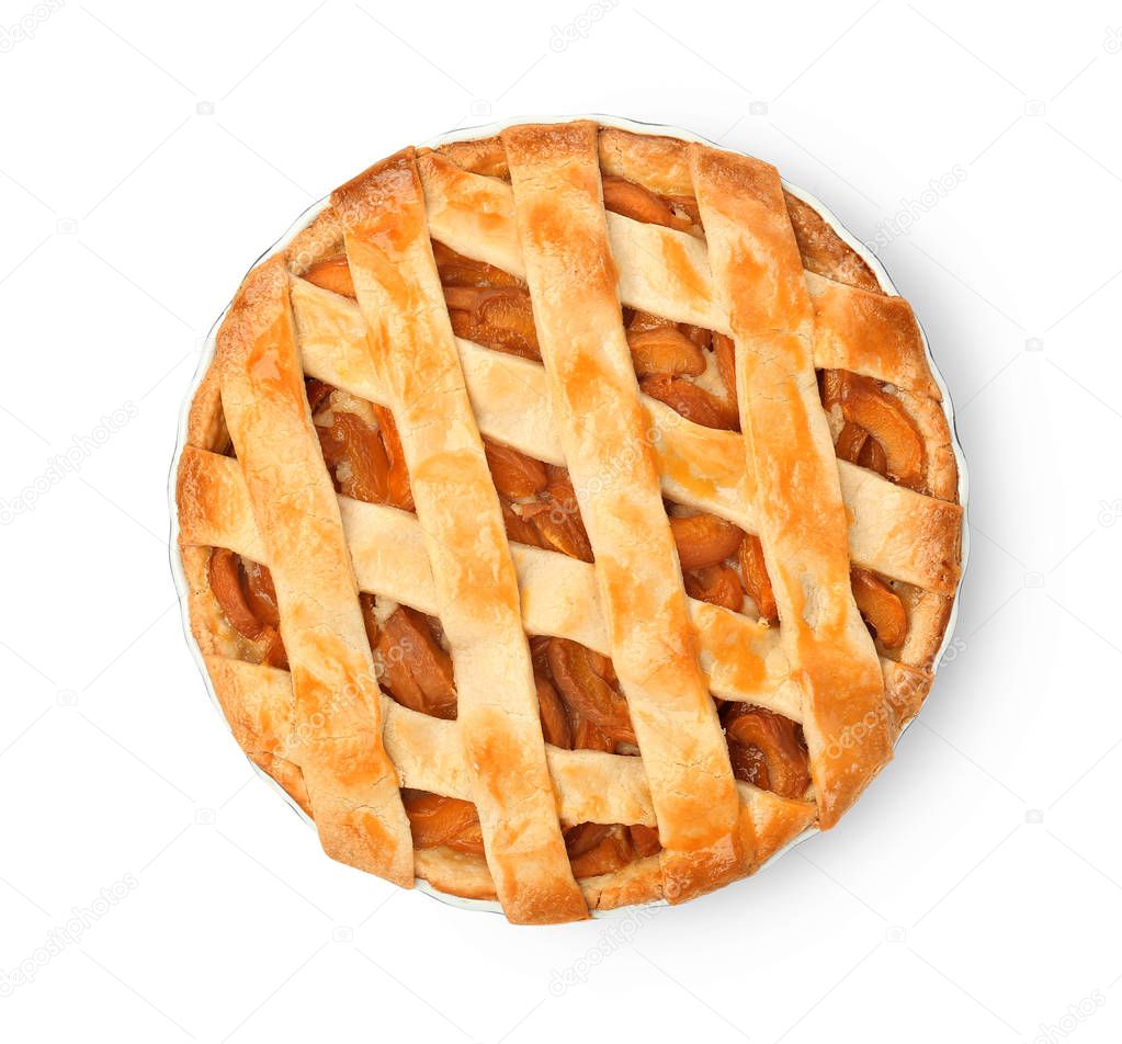 Tasty peach pie on white background