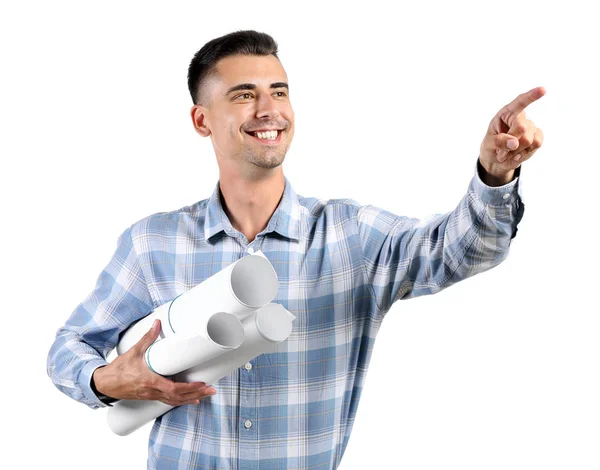 Handsome male architect pointing at something on white background — Stock Photo, Image