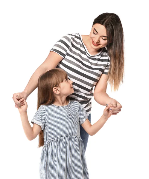 Portrait of happy mother and daughter on white background — Stock Photo, Image
