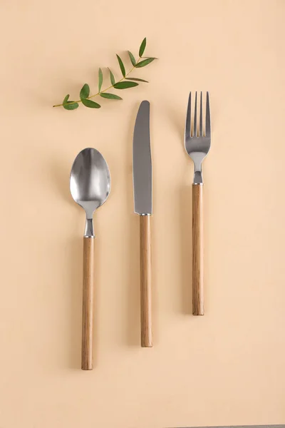 Silver cutlery on color background — Stock Photo, Image