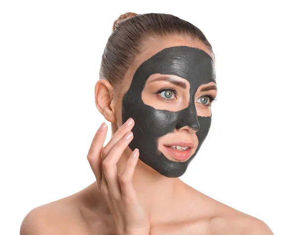 Mooie jonge vrouw met masker op witte achtergrond — Stockfoto