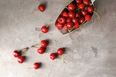 Gri arka plan üzerinde tatlı olgun kiraz ile Kepçe