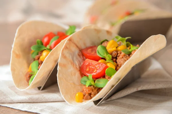 Tasty fresh tacos on table, closeup — Stock Photo, Image