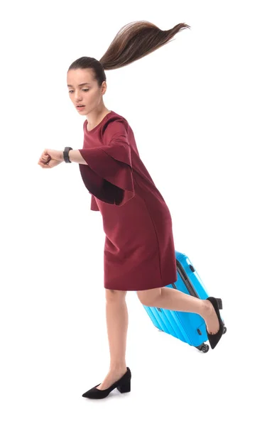 Running woman with luggage on white background — Stock Photo, Image