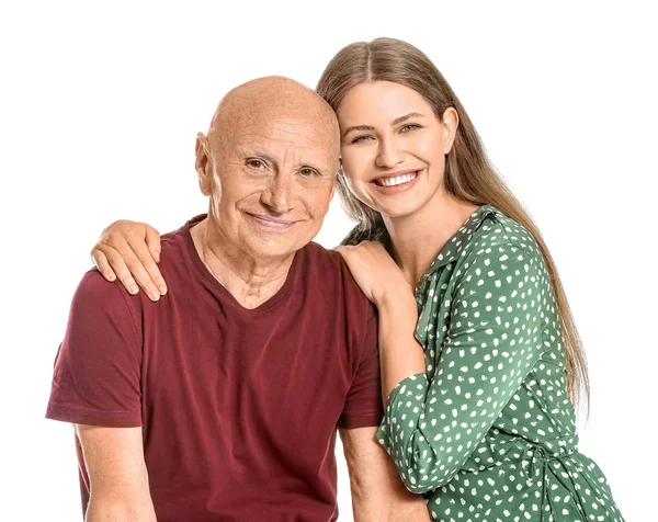 Пожилой человек с дочерью на белом фоне — стоковое фото