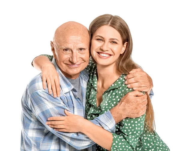 Elderly man with daughter on white background — Stock Photo, Image