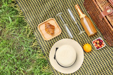 Parkta romantik piknik için lezzetli yiyecek ve içecek ile hasır sepeti