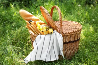 Parkta romantik piknik için lezzetli yiyecek ve içecek ile hasır sepeti