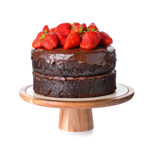 Tasty chocolate cake with strawberry on white background — Stock Photo, Image