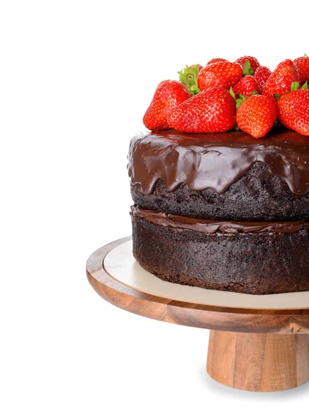 Tasty chocolate cake with strawberry on white background — Stock Photo, Image