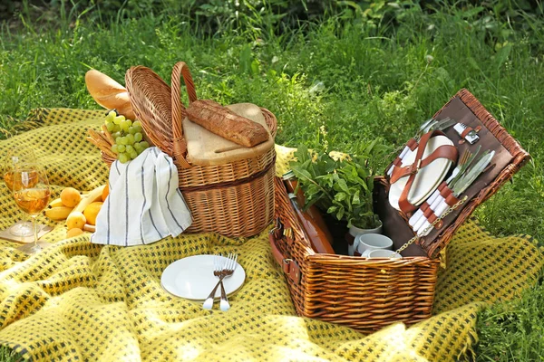 Korg korgar med god mat och dryck för romantisk picknick i parken — Stockfoto