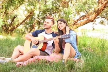 Parkta piknik gitar ile genç çift