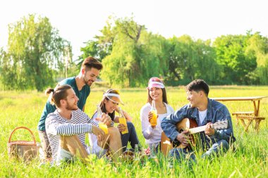 Parkta piknik üzerinde mutlu arkadaşlar