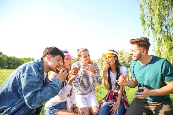 Amigos felizes no piquenique no parque — Fotografia de Stock