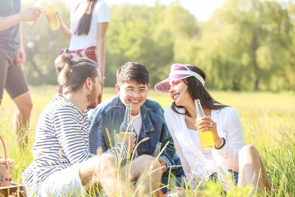 Happy friends on picnic in park