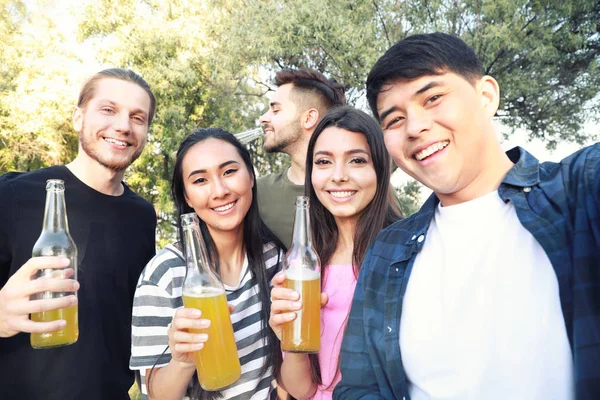 Happy friends taking selfie on picnic in park