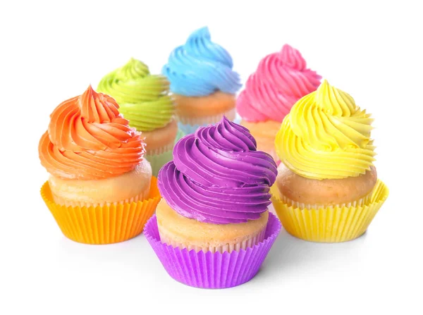 Sweet tasty cupcakes on white background — Stock Photo, Image