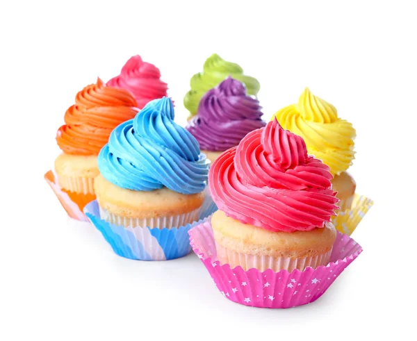 Sweet tasty cupcakes on white background — Stock Photo, Image