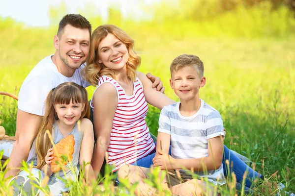 Счастливая семья на летнем пикнике в парке — стоковое фото