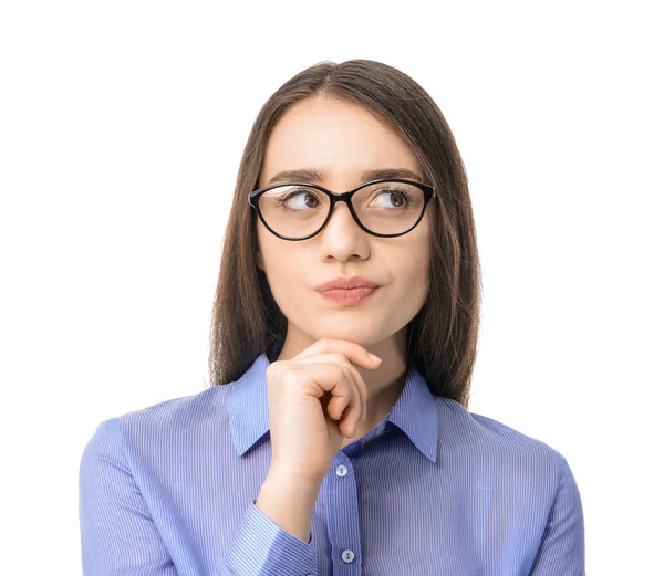 Joven empresaria reflexiva sobre fondo blanco — Foto de Stock