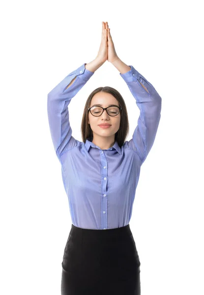 Mediteren van jonge zakenvrouw op witte achtergrond — Stockfoto