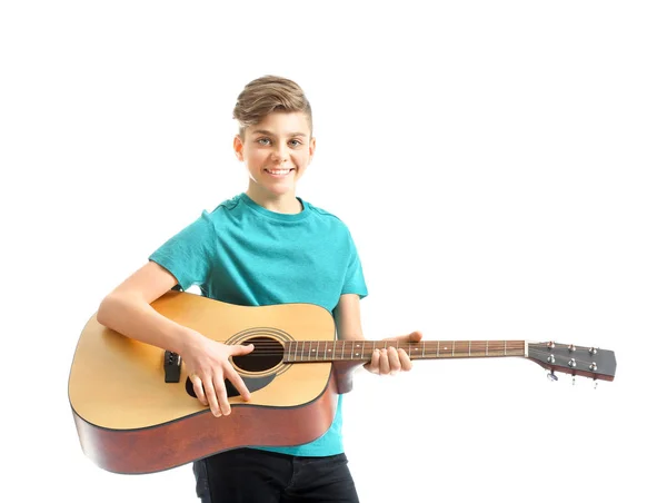 Teenage boy playing guitar against white background — Stock Photo, Image