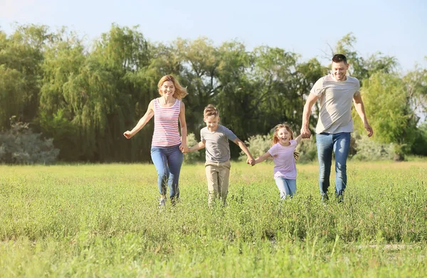 Szczęśliwa rodzina biegająca w parku w letni dzień — Zdjęcie stockowe