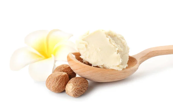 Spoon with shea butter on white background — Stock Photo, Image