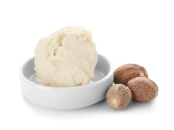 Plate with shea butter on white background — Stock Photo, Image